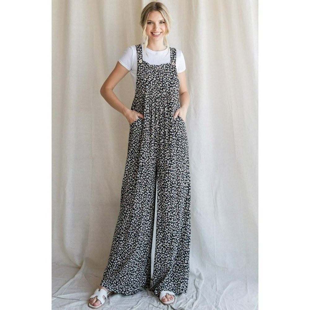 JODIFL Leopard Print Wide Leg Overall Jumpsuit Oversized Slouchy Fit w/ Pockets - Picture 2 of 3